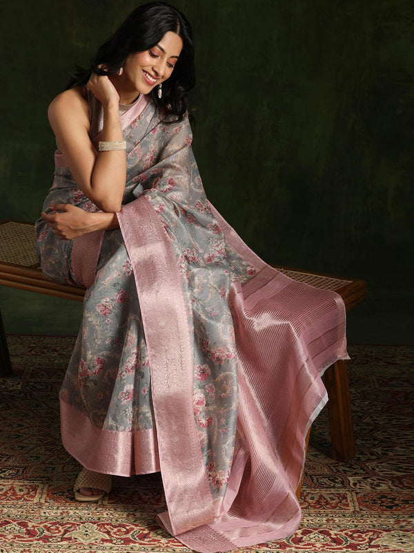 Grey Printed Silk Blend Saree With Unstitched Blouse Piece - Jashvi