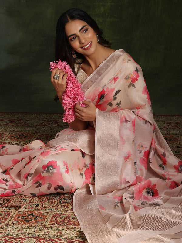 Pink Printed Silk Blend Saree With Unstitched Blouse Piece - Jashvi