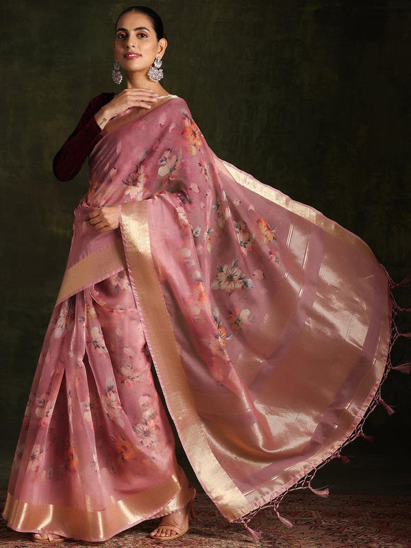 Mauve Printed Organza Saree With Unstitched Blouse Piece - Jashvi