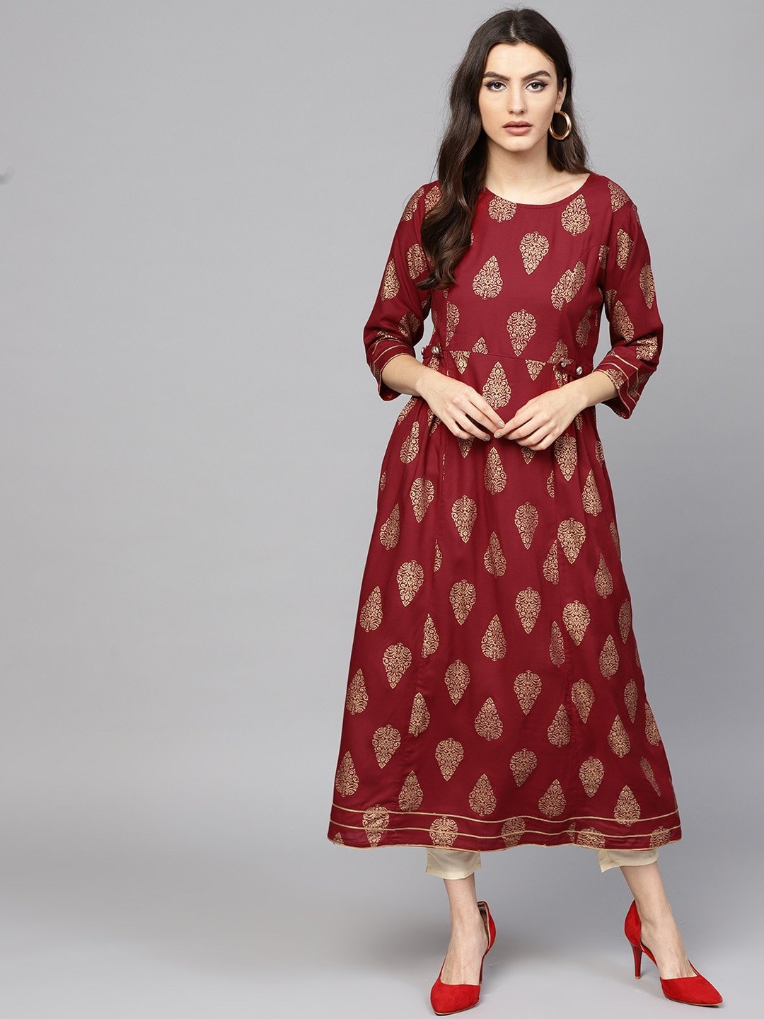 Women's Maroon & Golden A-Line Kurta - Yufta