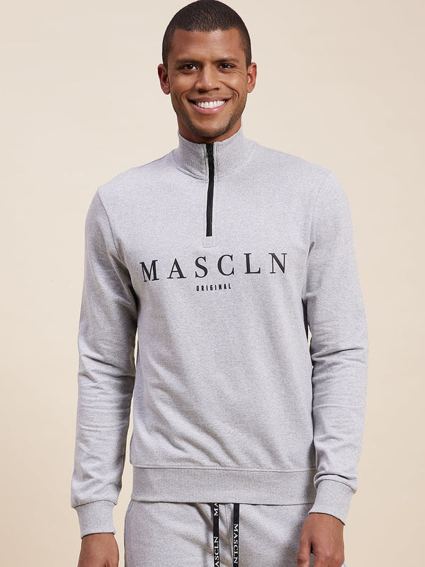 Men's Grey High Neck Half Zipper MASCLN Sweatshirt - LYUSH-MASCLN