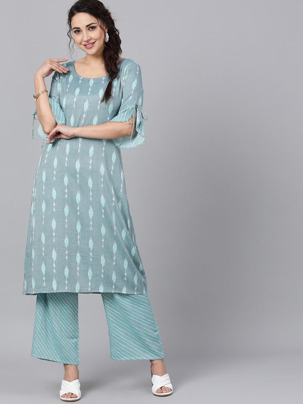 Women's  Grey & Sea Green Woven Design Kurta with Palazzos - AKS