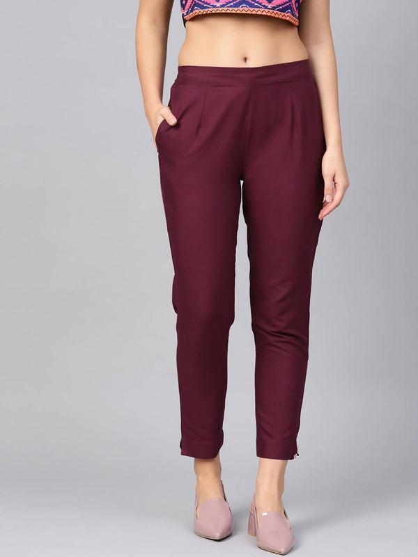 Buy_Women's_Burgundy_Cotton_Solid_Straight_Pants_Online_Indiakreations