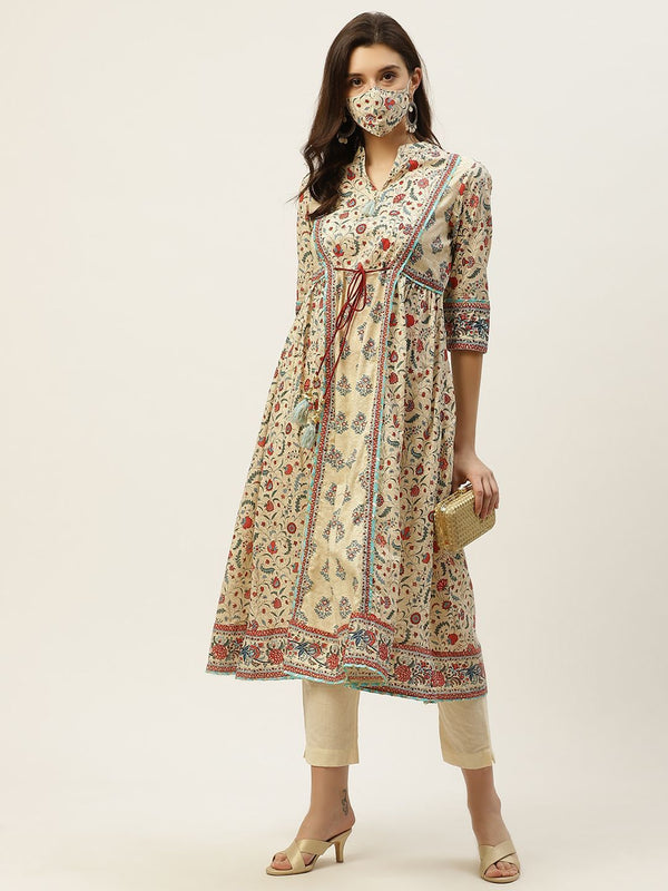 Women's Floral Printed Panelled Kurta With Mask - Juniper