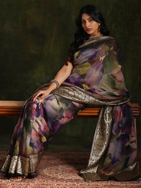 Multicoloured Printed Organza Saree With Unstitched Blouse Piece - Jashvi