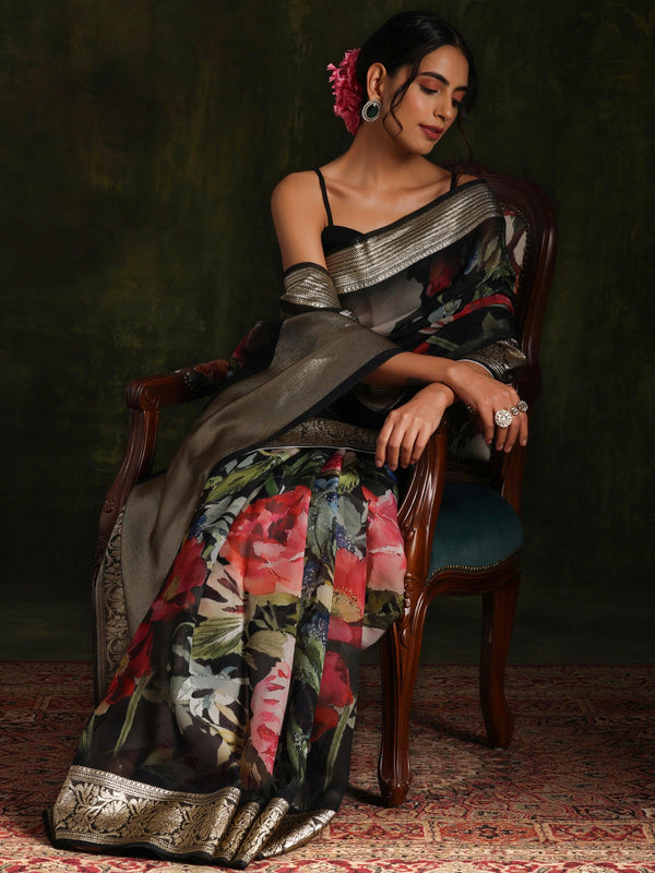 Black Printed Organza Saree With Unstitched Blouse Piece - Jashvi