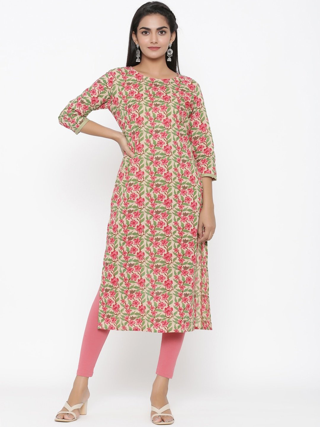 Women's Green & Pink Straight Kurta - Yufta