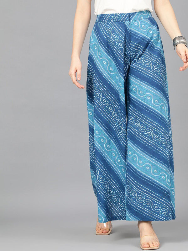 Women's  Blue Leheriya Printed Wide Leg Palazzos - AKS