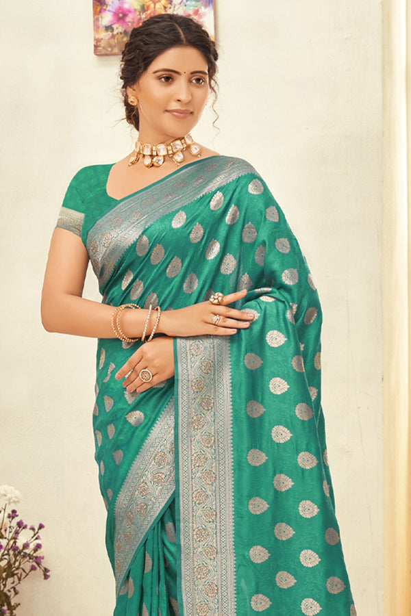 Women's Rama Green Silk Woven Zari Work Traditional Tassle Saree - Sangam Prints