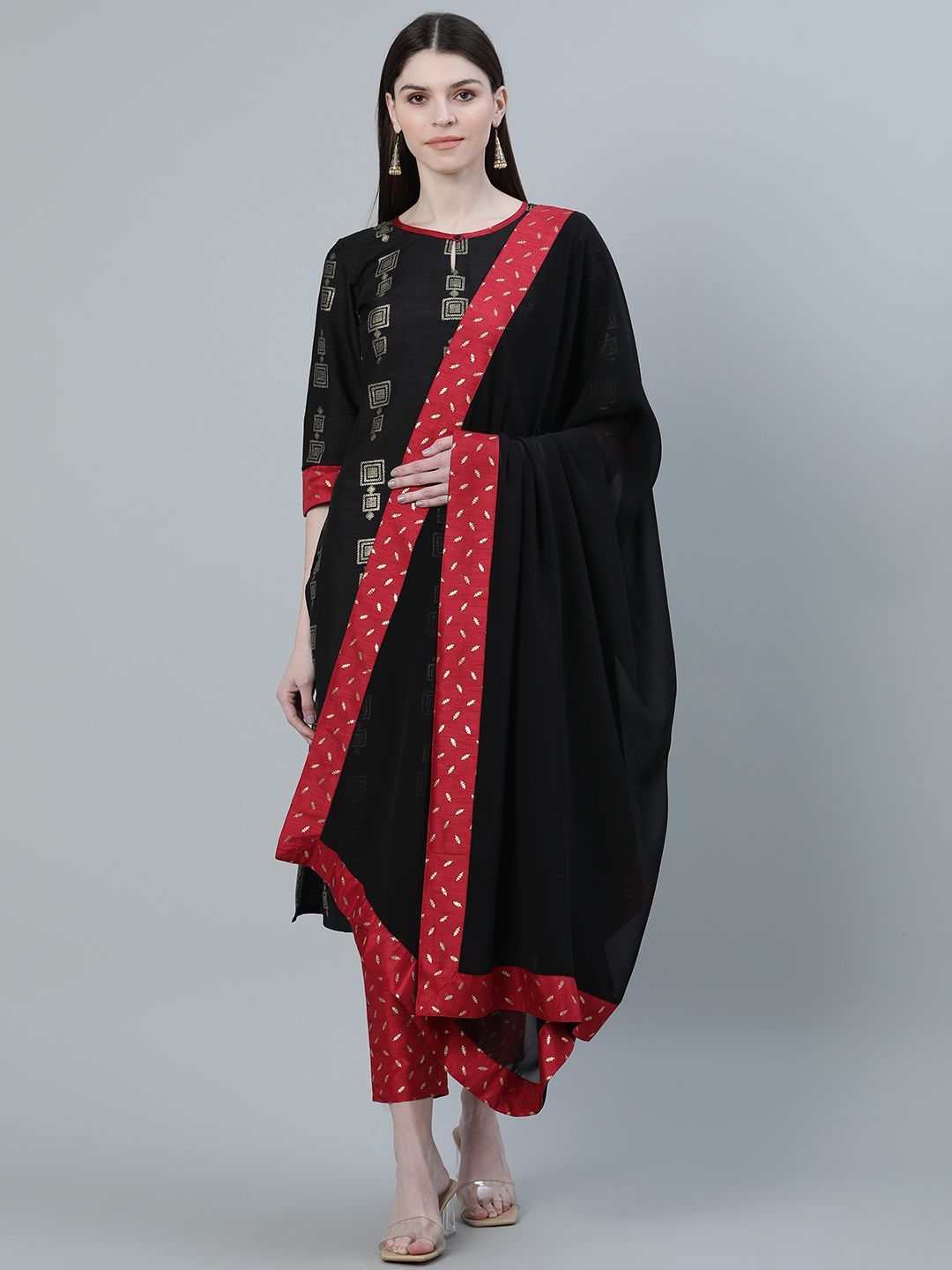 Women Black Printed Kurta with Pant & Dupatta Set by Ziyaa (3 Pc Set)