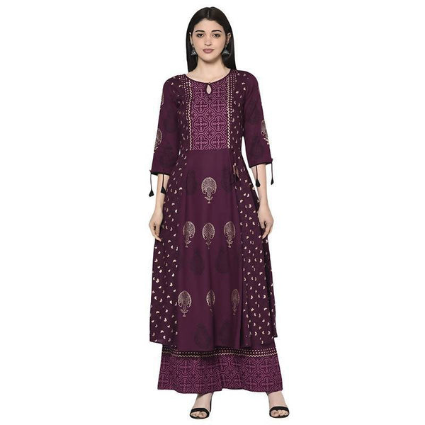 Women's Wine Rayon Block print Anarkali kurta - Aniyah