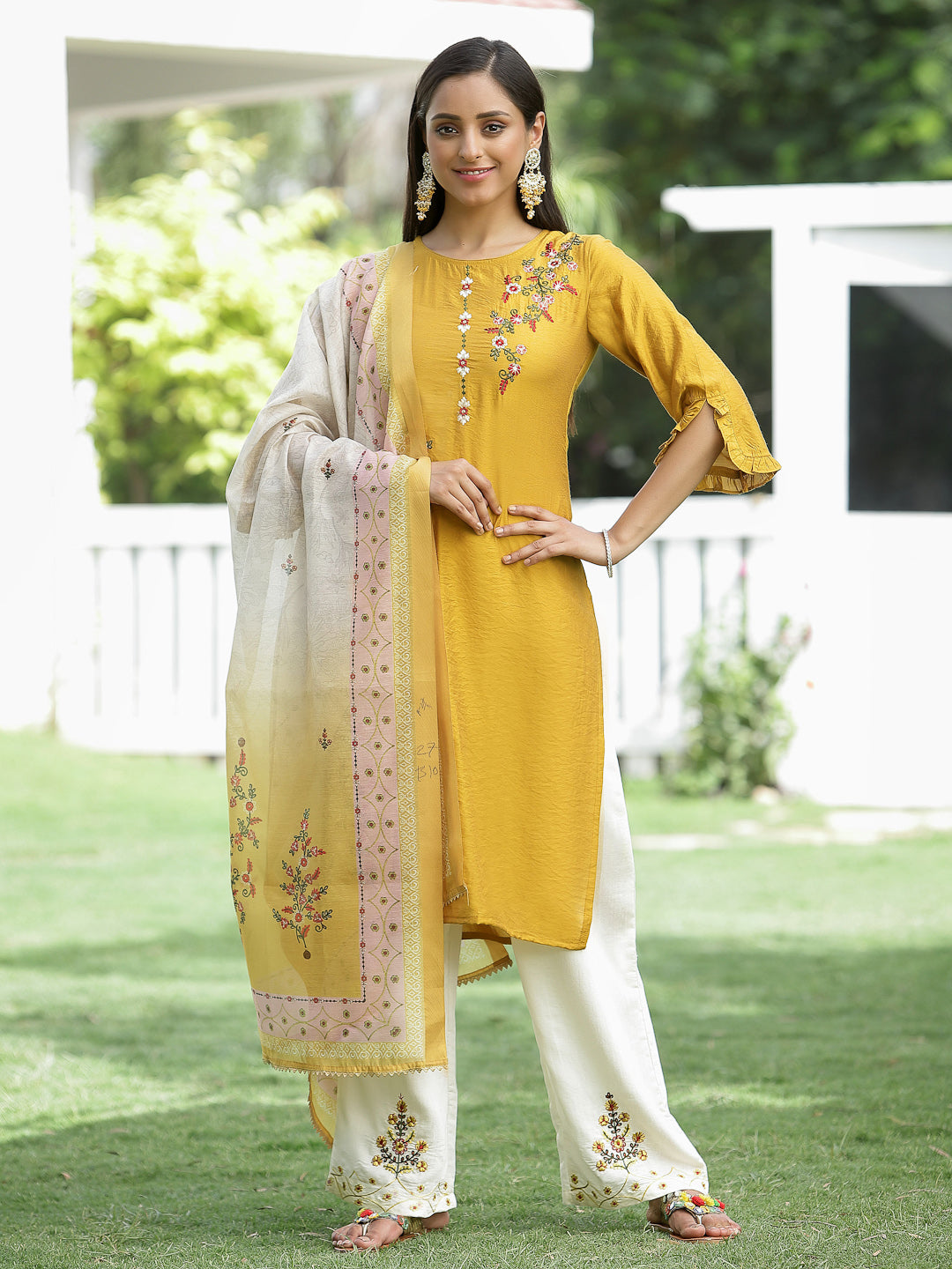 Women's Mustard Mono Viscose Festive Wear Embroidered Straight Kurta Palazzo Dupatta Set - Juniper