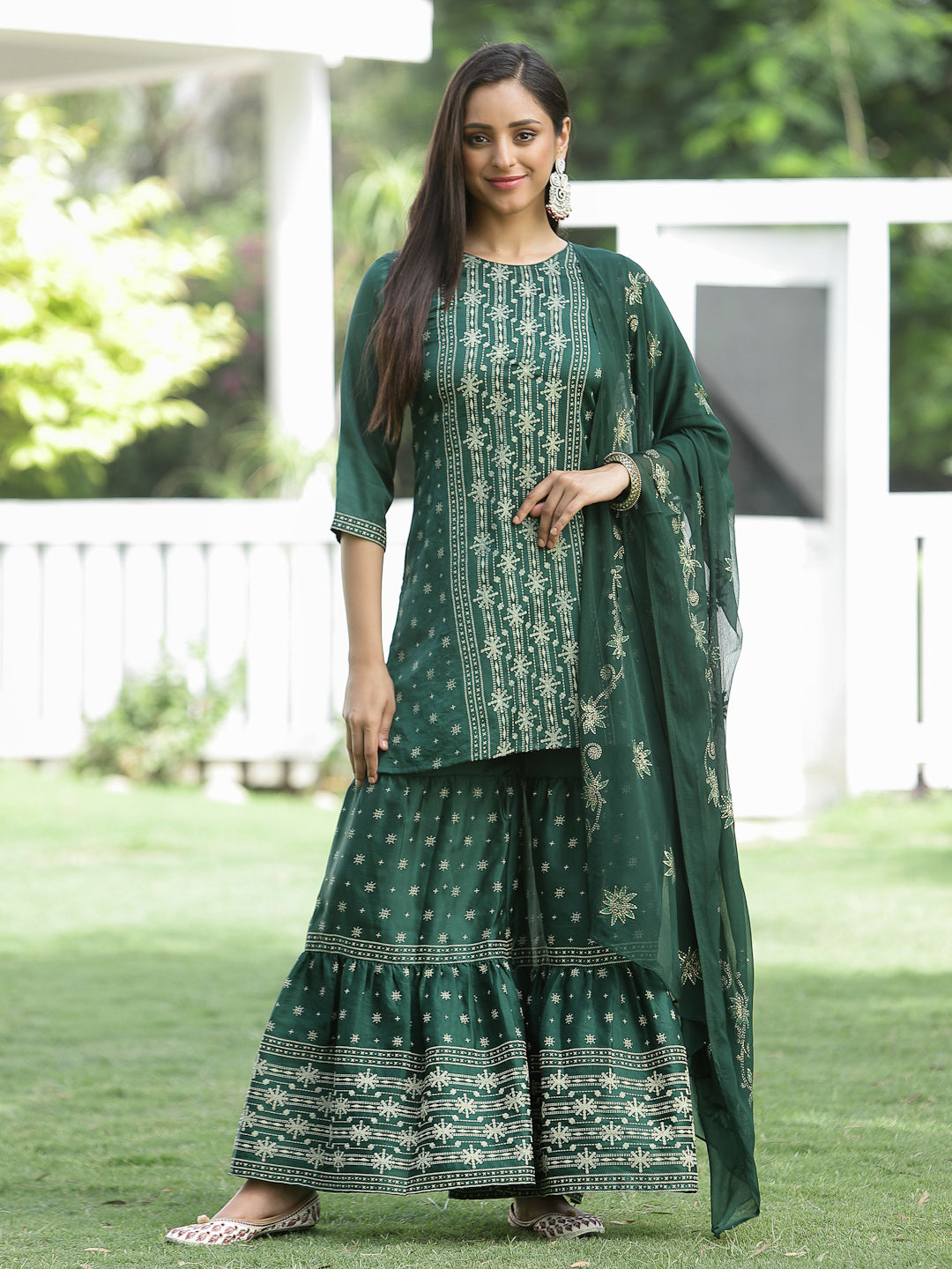 Women's Green Mono Viscose Festive Wear Printed Straight Kurta Sharara Dupatta Set - Juniper