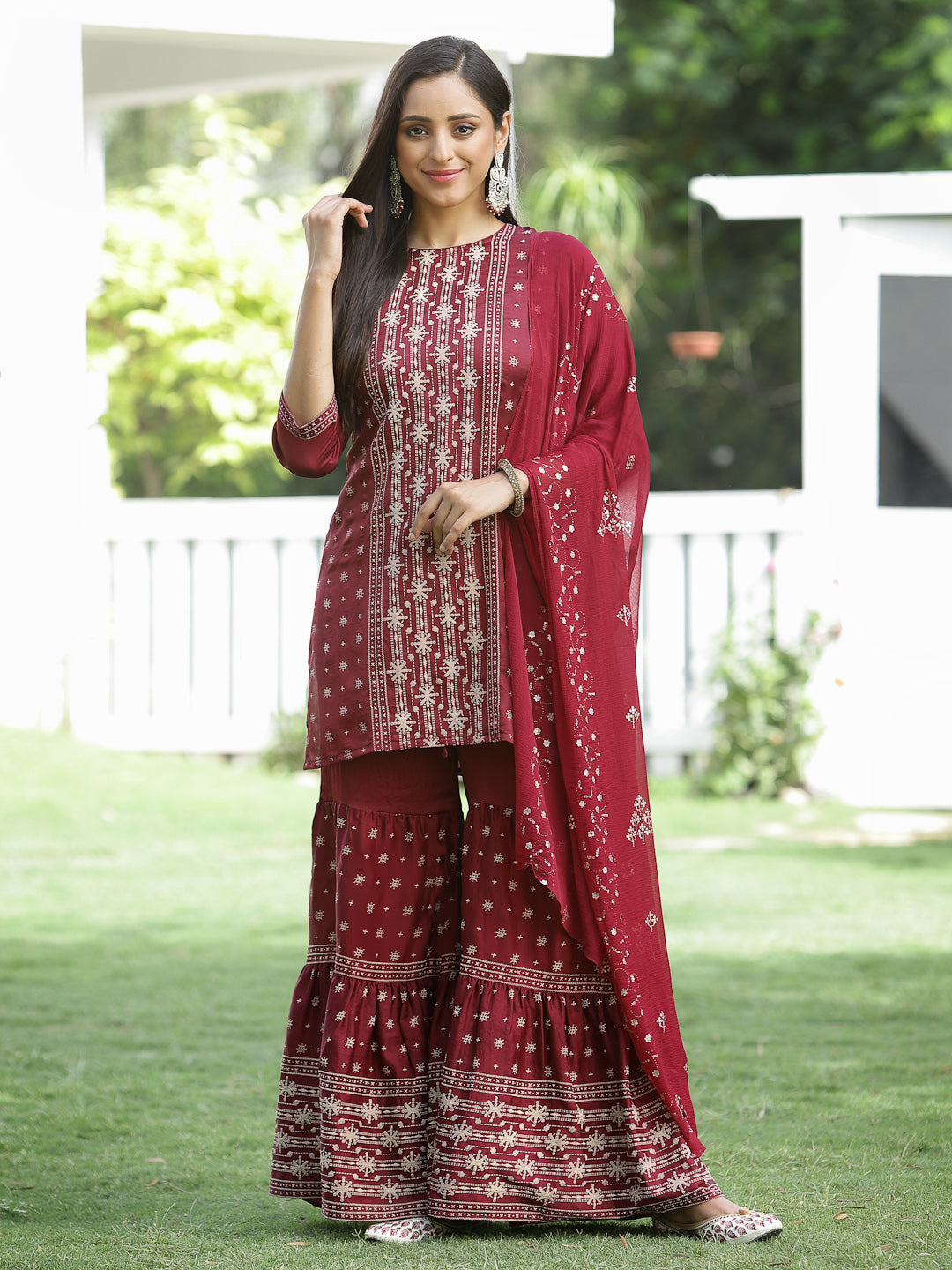 Women's Maroon Mono Viscose Festive Wear Printed Straight Kurta Sharara Dupatta Set - Juniper