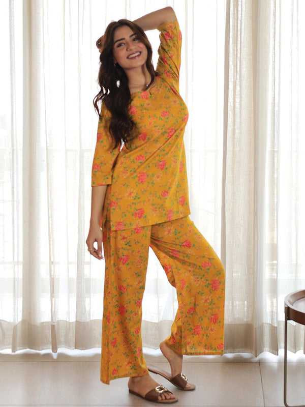 Mustard Printed Cotton Night Suits