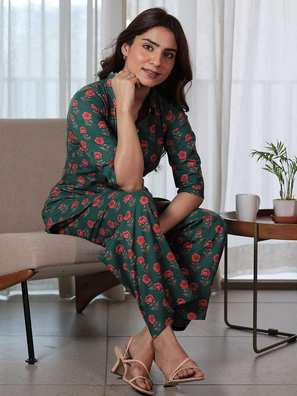 Green Printed Cotton Night Suits