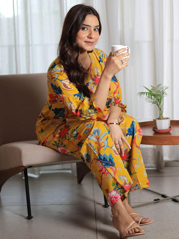 Mustard Printed Cotton Night Suits