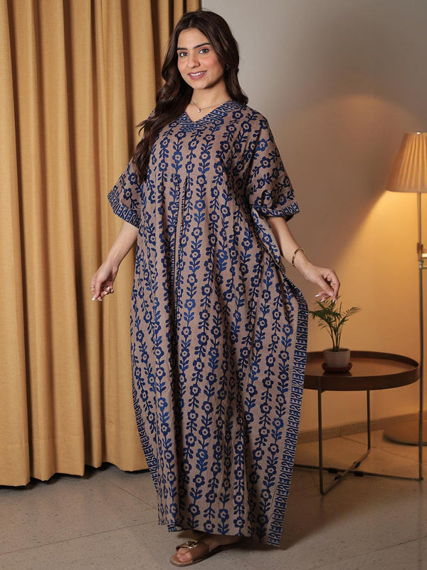 Blue Printed Cotton Kaftan Night Dress