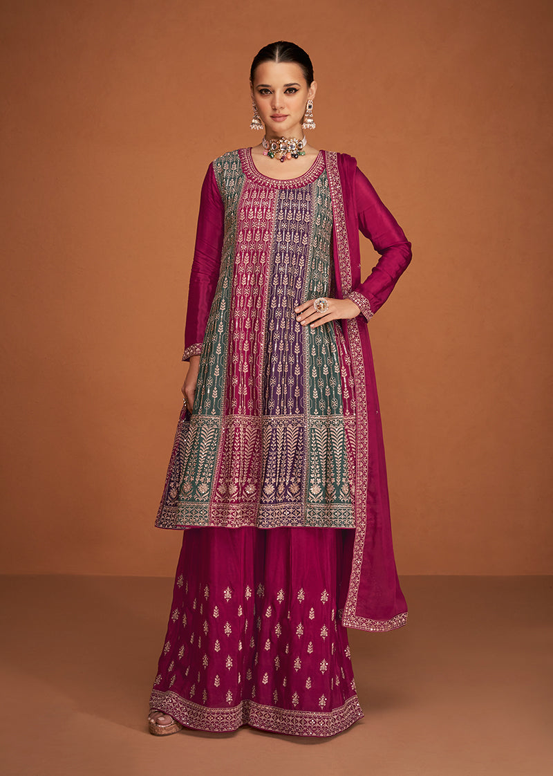 Women's Multicolor Georgette Stitched Embroidered Sharara Suit - Monjolika