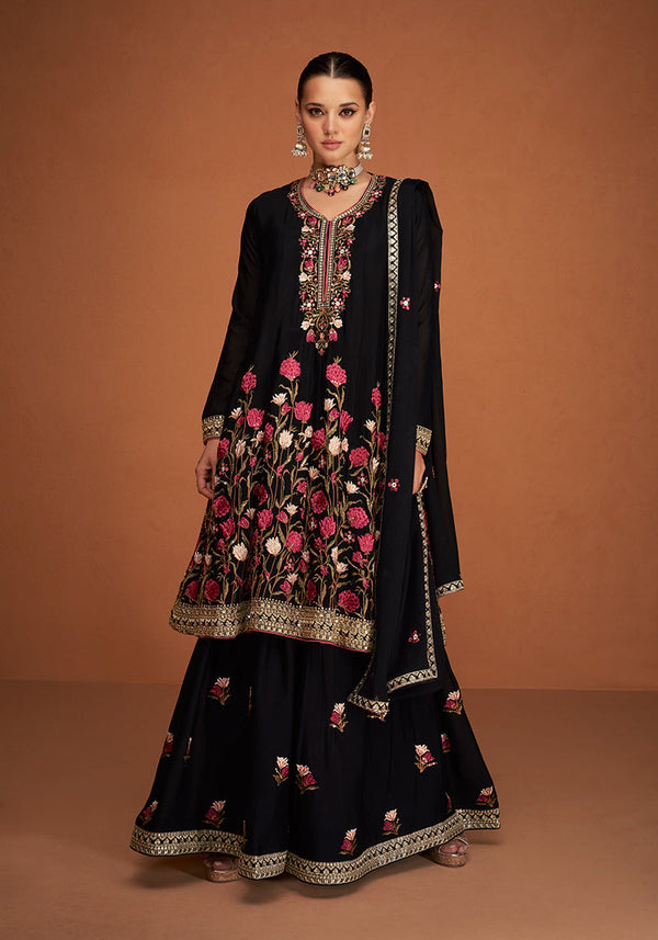 Women's Black Color Georgette Stitched Embroidered Sharara Suit - Monjolika