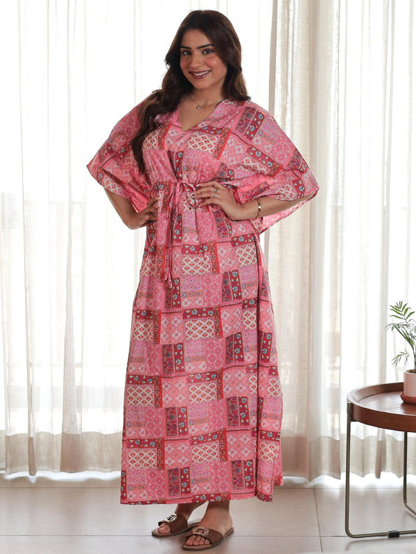 Pink Printed Cotton Kaftan Night Dress