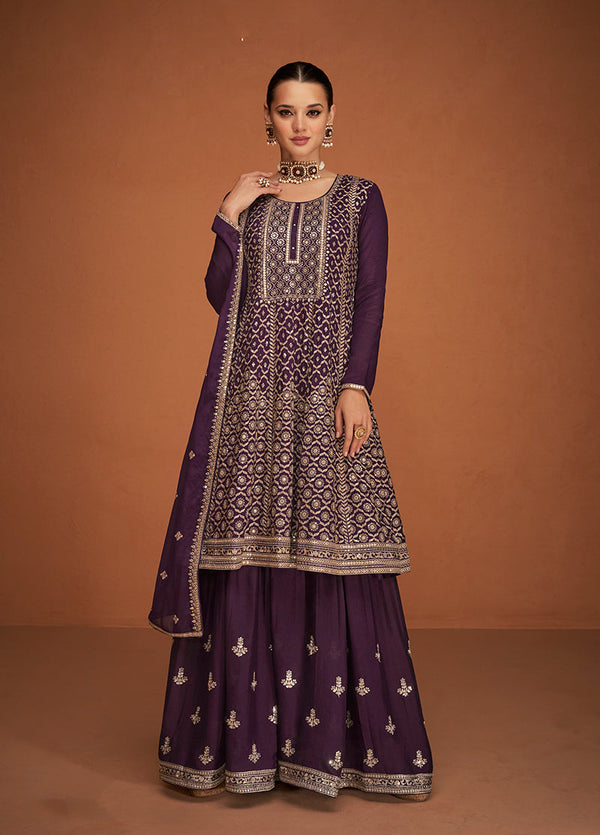 Women's Dark Violet Color Georgette Stitched Embroidered Sharara Suit - Monjolika