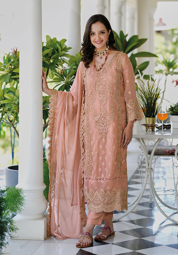 Women's Peach Color Soft Organza Semi Stitched Embroidered Designer Suit - Monjolika