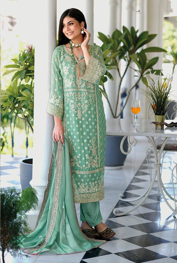 Women's Sea Green Color Soft Organza Semi Stitched Embroidered Designer Suit - Monjolika