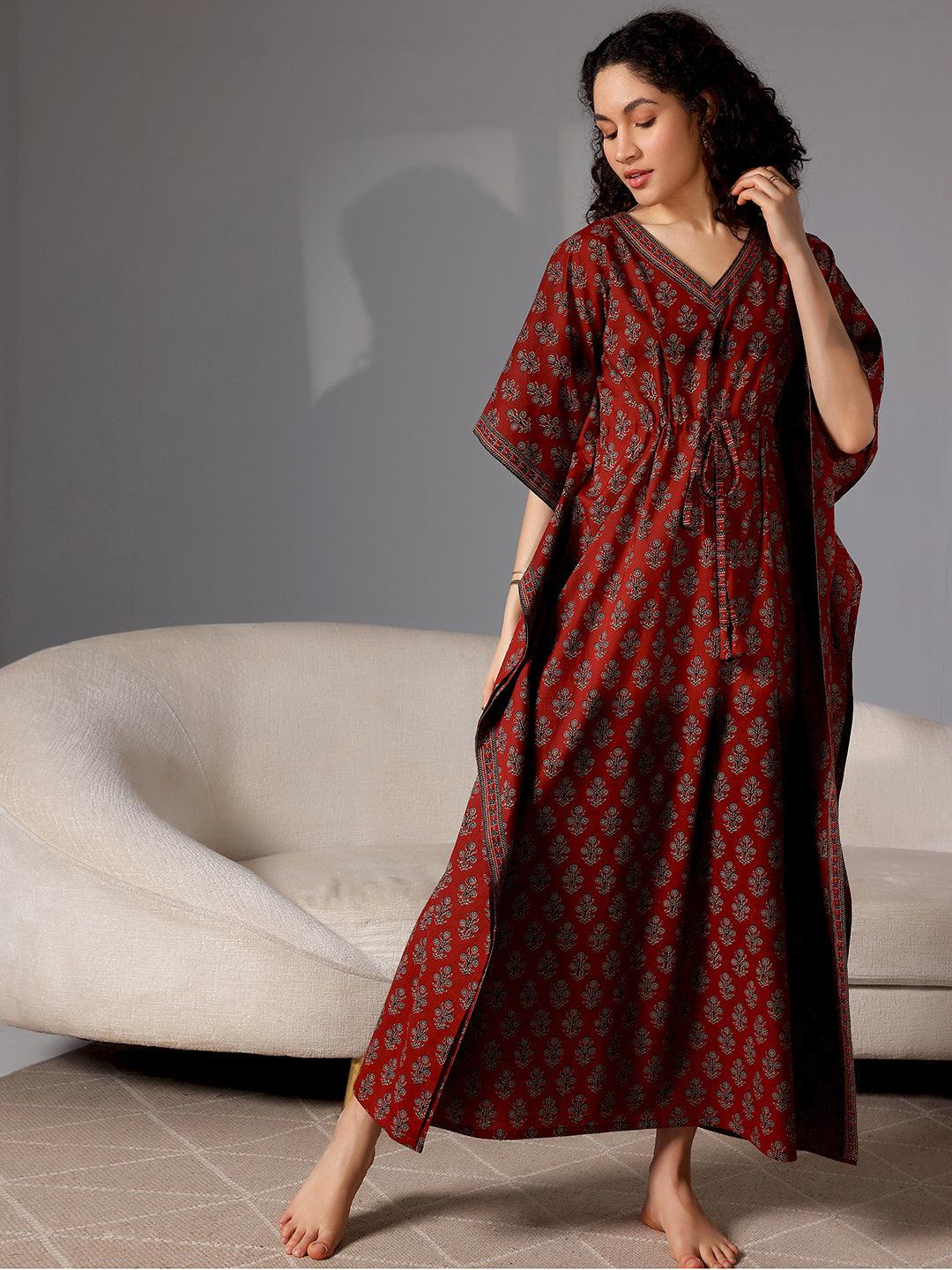 Maroon Printed Cotton Kaftan Night Dress - Jashvi