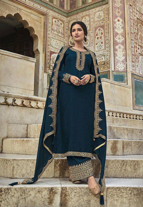 Women's Navy Blue Color Dola Silk Semi Stitched Embroidered Designer Suit - Monjolika