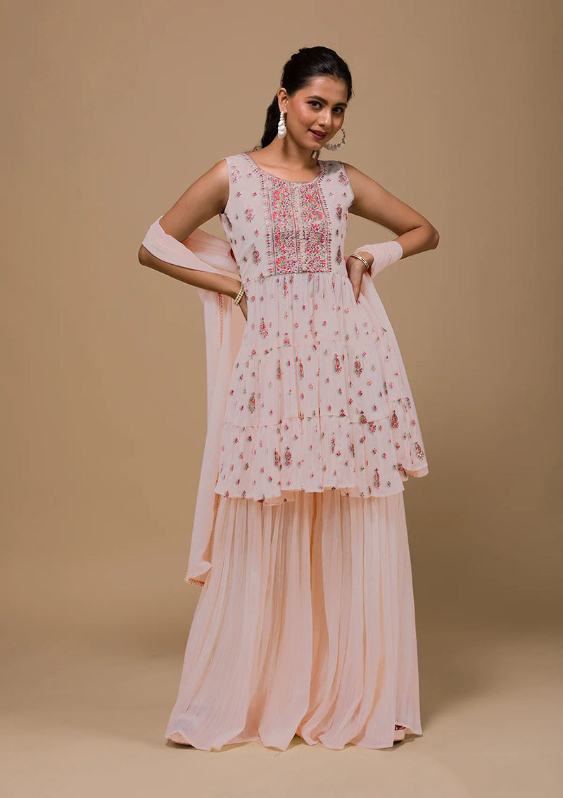 Women's Peach Color Georgette Embroidered Stitched Sharara Suit - Monjolika