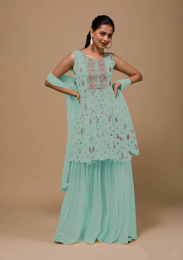 Women's Sea Green Color Georgette Embroidered Stitched Sharara Suit - Monjolika