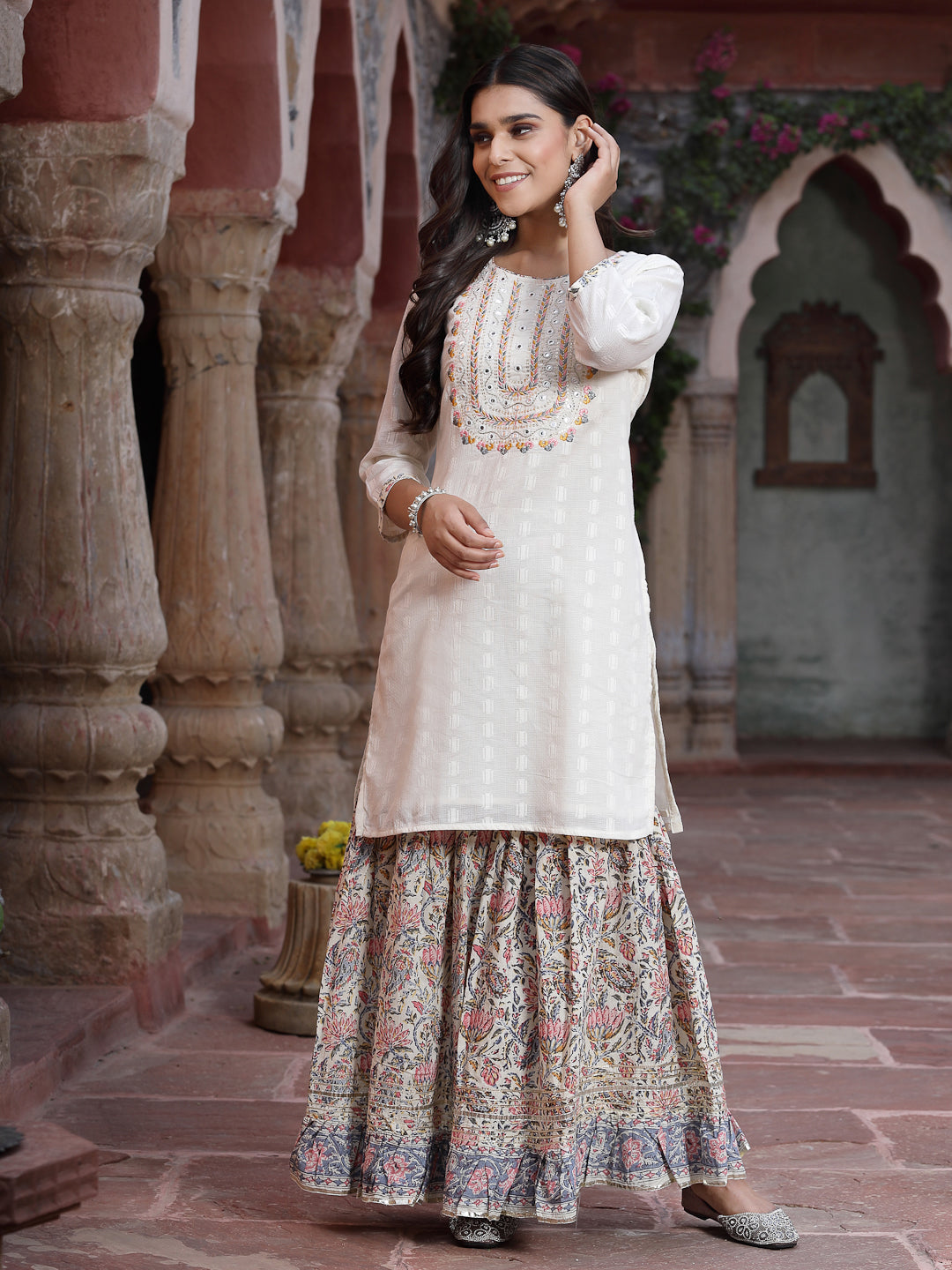 Women's White Cotton Embroidered Straight Kurta Sharara Dupatta Set - Juniper