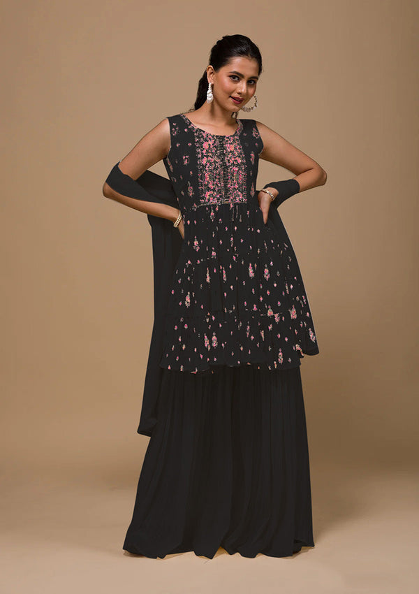 Women's Black Color Georgette Embroidered Stitched Sharara Suit - Monjolika