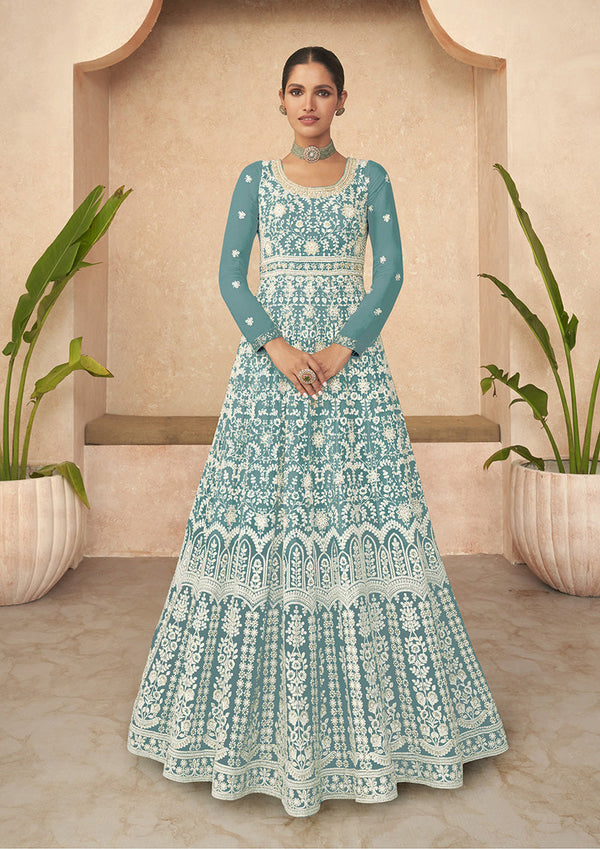 Women's Light Turquoise Color Georgette Semi Stitched Embroidered Anarkali Dress - Monjolika