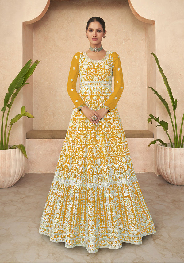 Women's Mustard Color Georgette Semi Stitched Embroidered Anarkali Dress - Monjolika