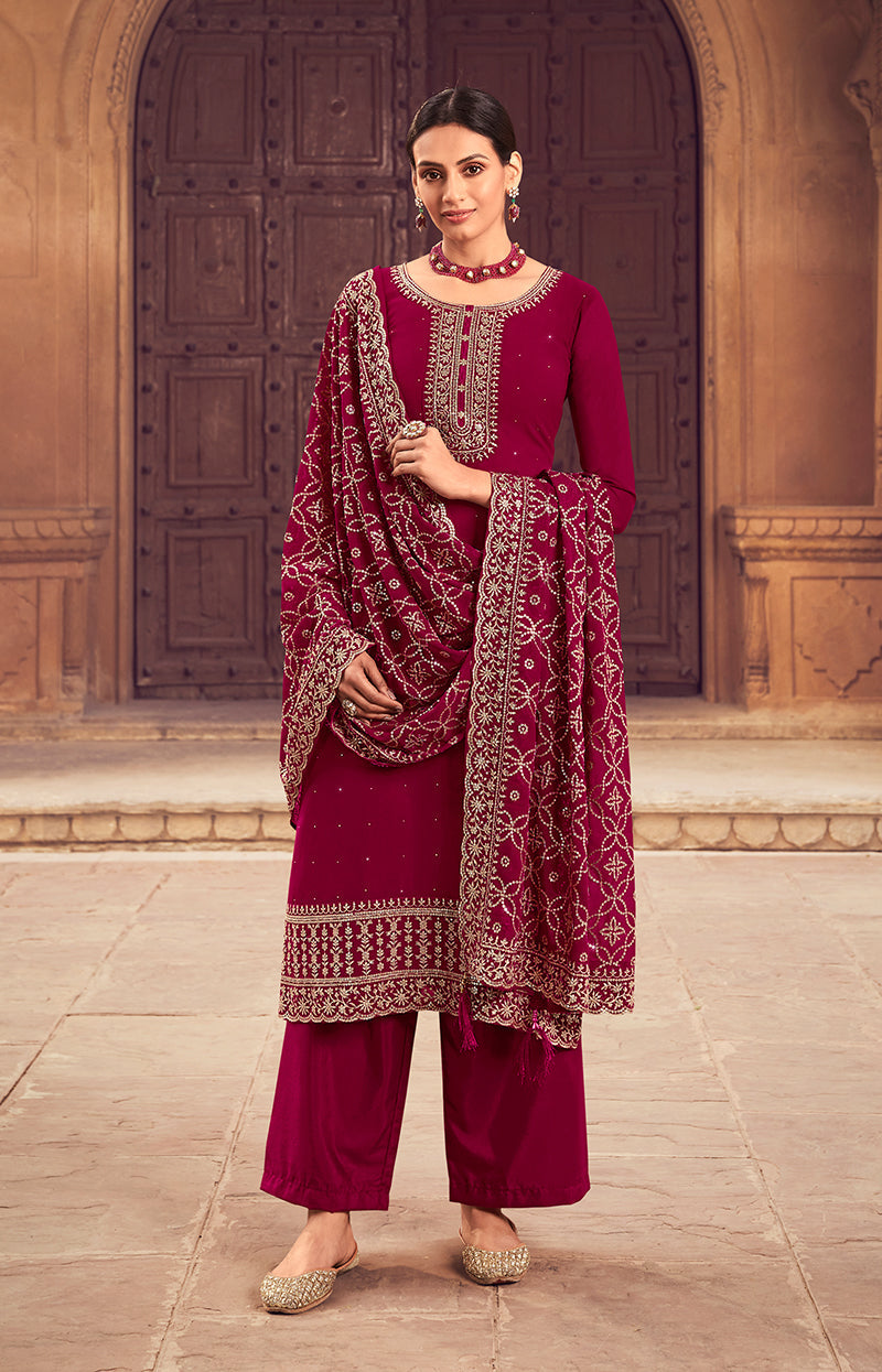 Women's Maroon Color Georgette Embroidered Semistitched Palazzo Suit - Monjolika