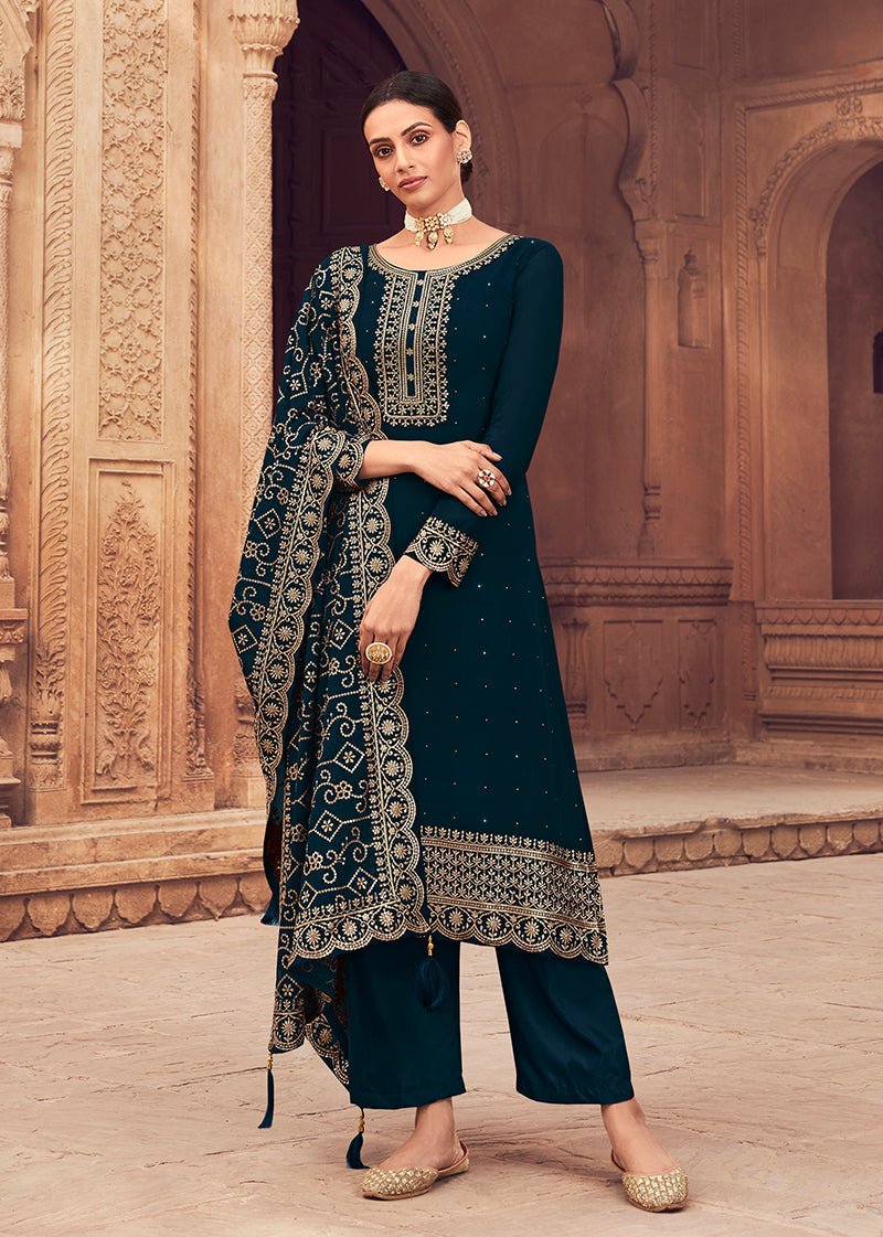 Women's Dark Navy Blue Color Georgette Embroidered Semistitched Palazzo Suit - Monjolika