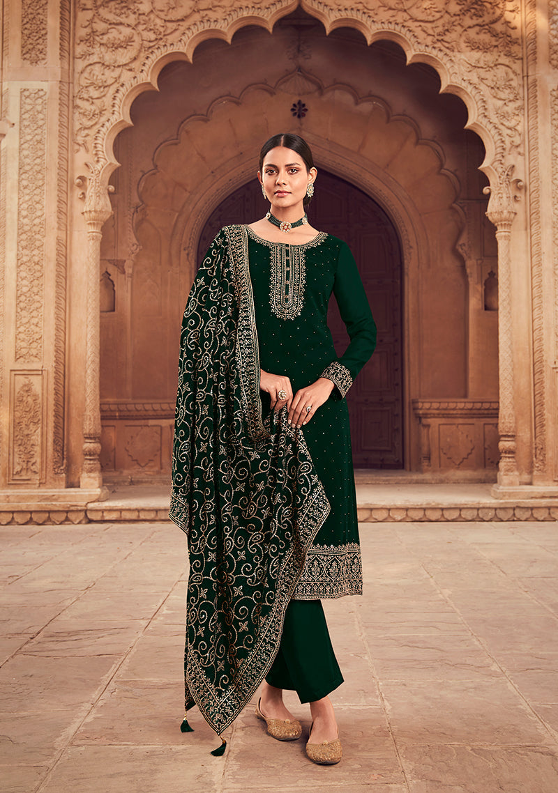 Women's Dark Green Color Georgette Embroidered Semistitched Palazzo Suit - Monjolika