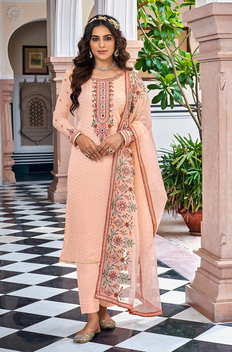 Women's Peach Color Faux Georgette Embroidered Semi Stitched Salwar Suit - Monjolika