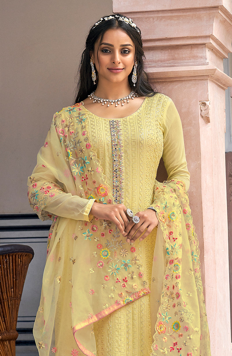 Women's Yellow Color Faux Georgette Embroidered Semi Stitched Salwar Suit - Monjolika