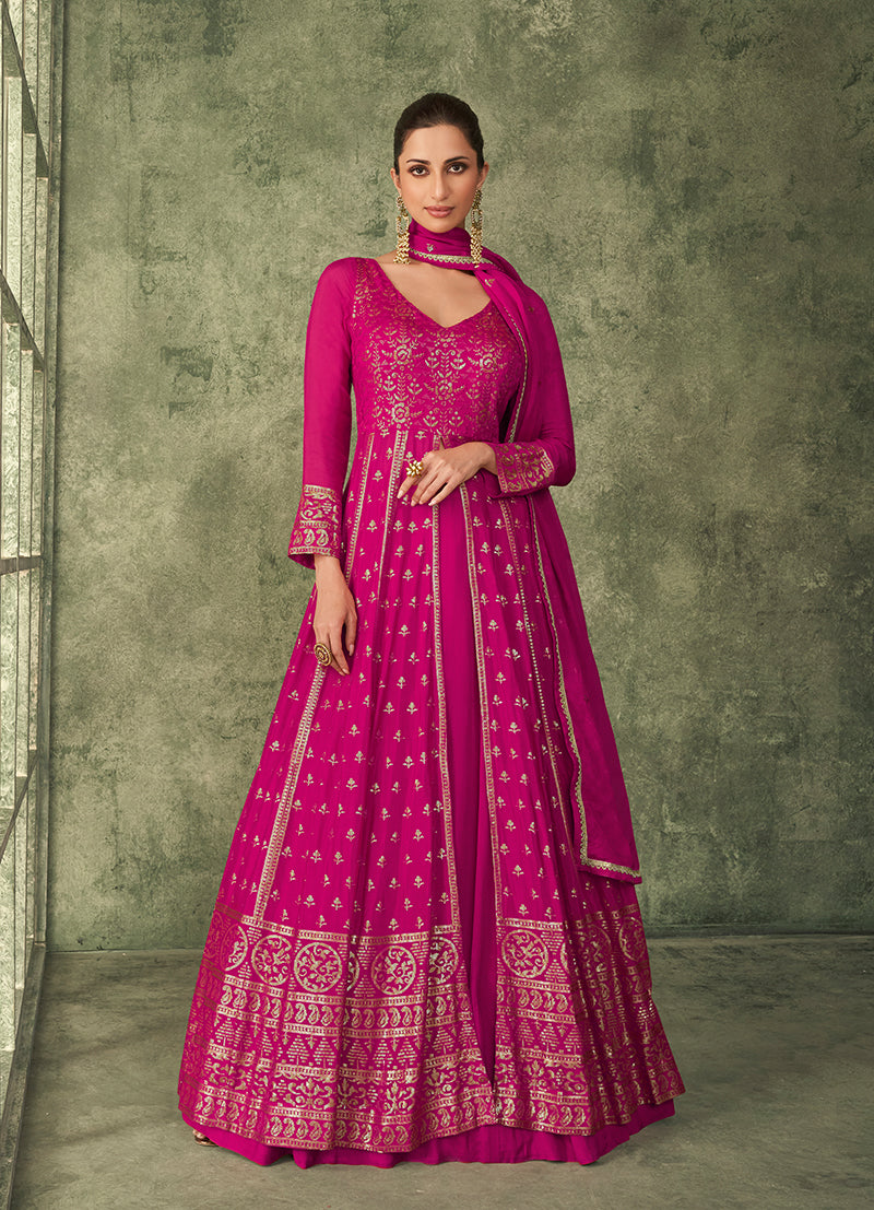 Women's Dark Magenta Color Georgette Stitched Embroidered Partywear Suit - Monjolika