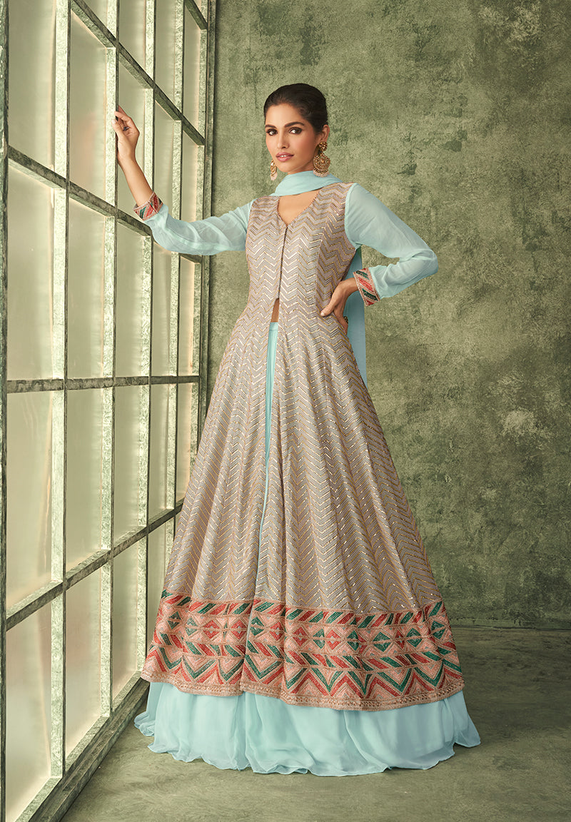 Women's Sky Blue Color Georgette Stitched Embroidered Partywear Suit - Monjolika