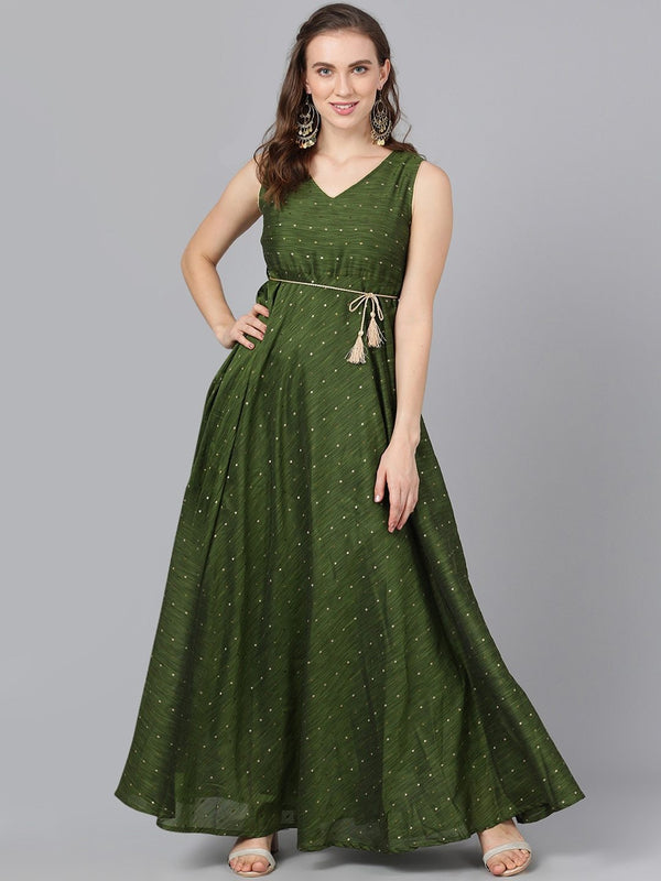 Women's  Green Self Design Empire Dress - AKS