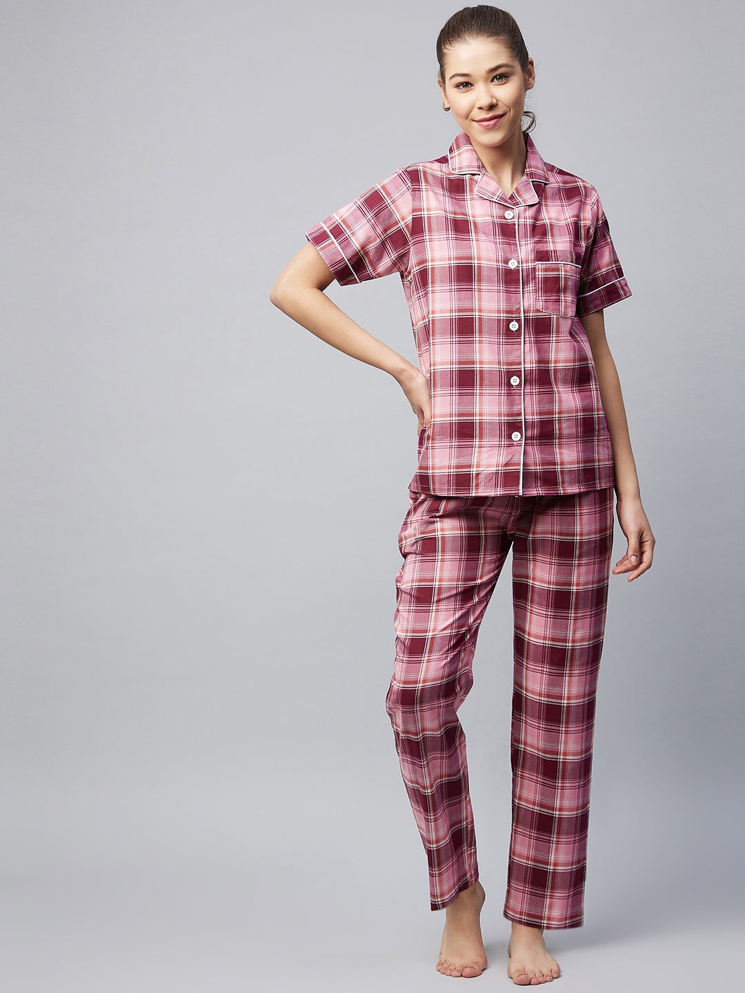 Women's Cotton Pink Checkered Night Suit - Stylestone