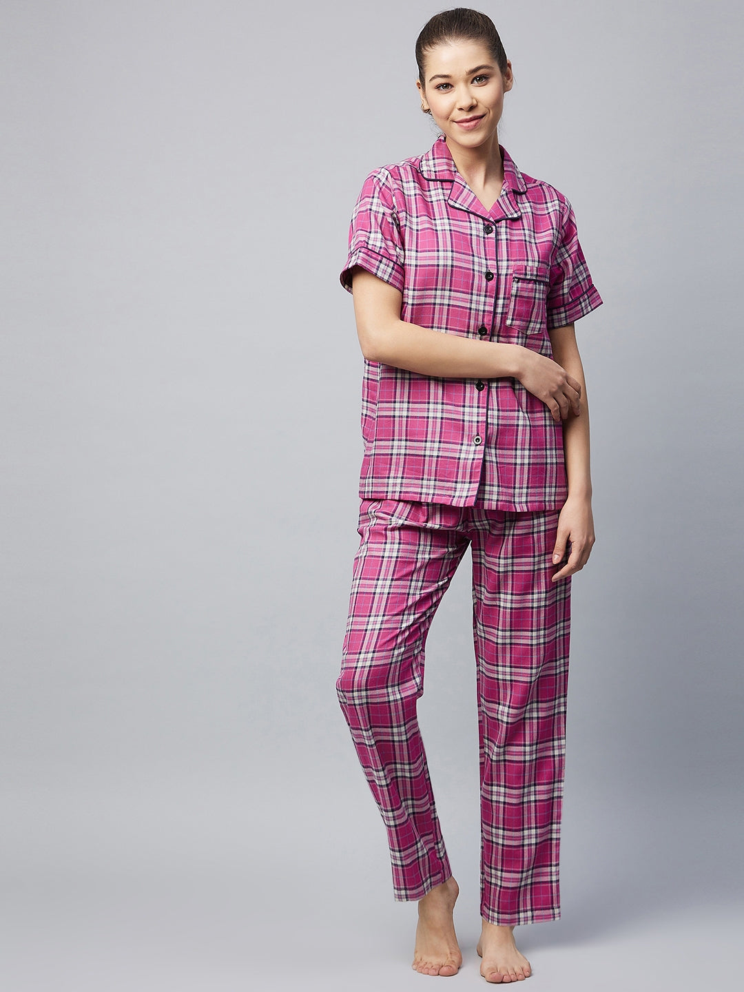 Women's Cotton Pink Checkered Night Suit - Stylestone