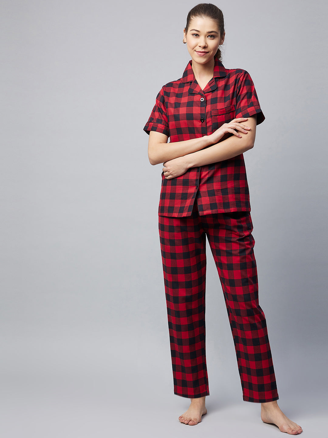 Women's Cotton Red Checkered Night Suit - Stylestone