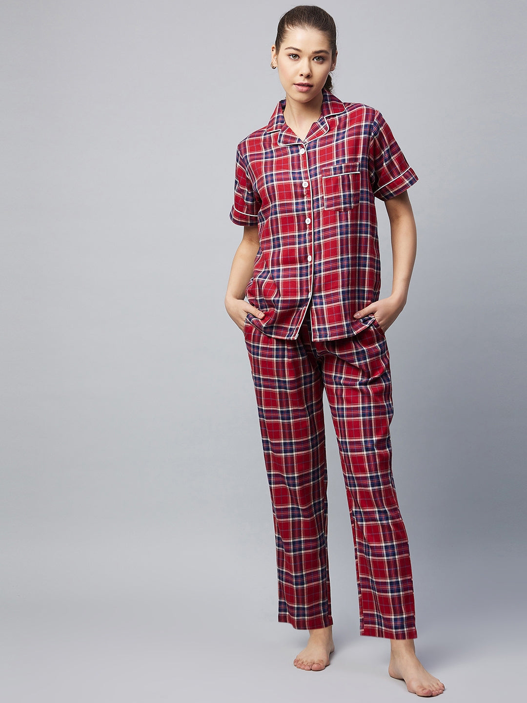 Women's Cotton Red & Blue Checkered Night Suit - Stylestone