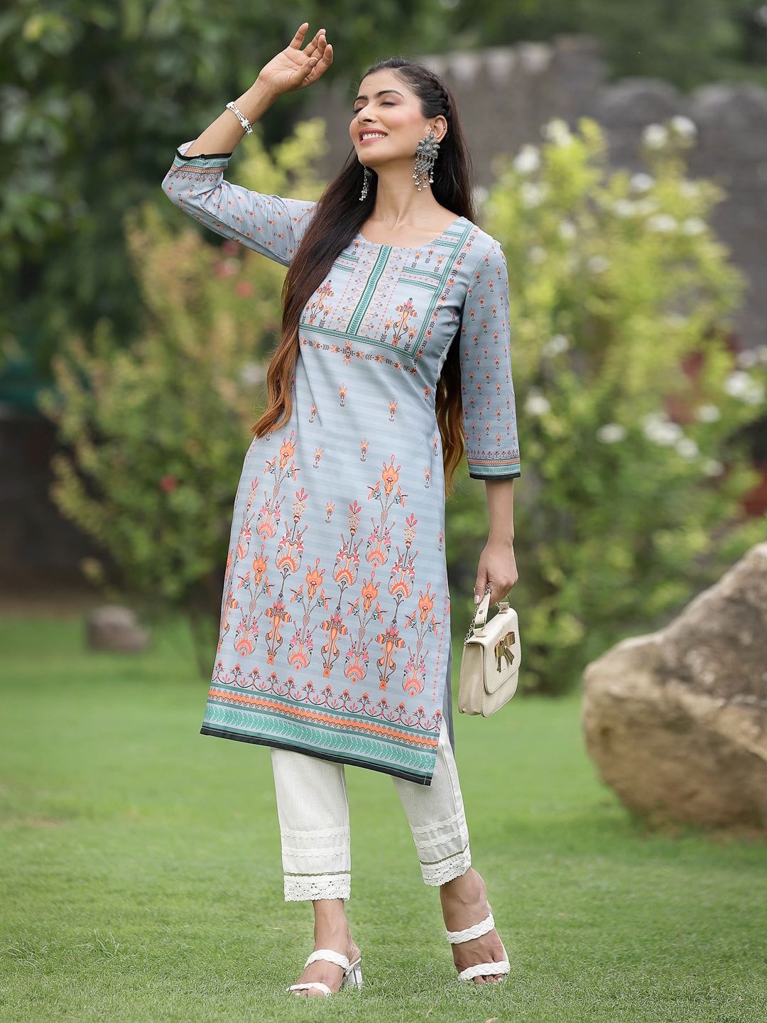 Women's Grey Crepe Casual Wear Digital Printed Straight Kurta - Juniper