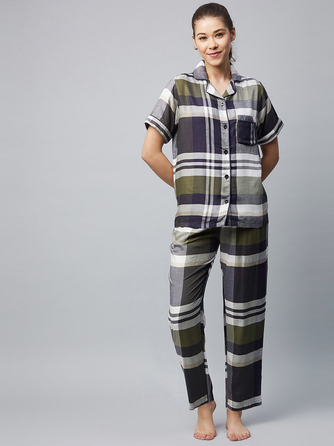 Women's Cotton Olive & Grey Checkered Night Suit - Stylestone